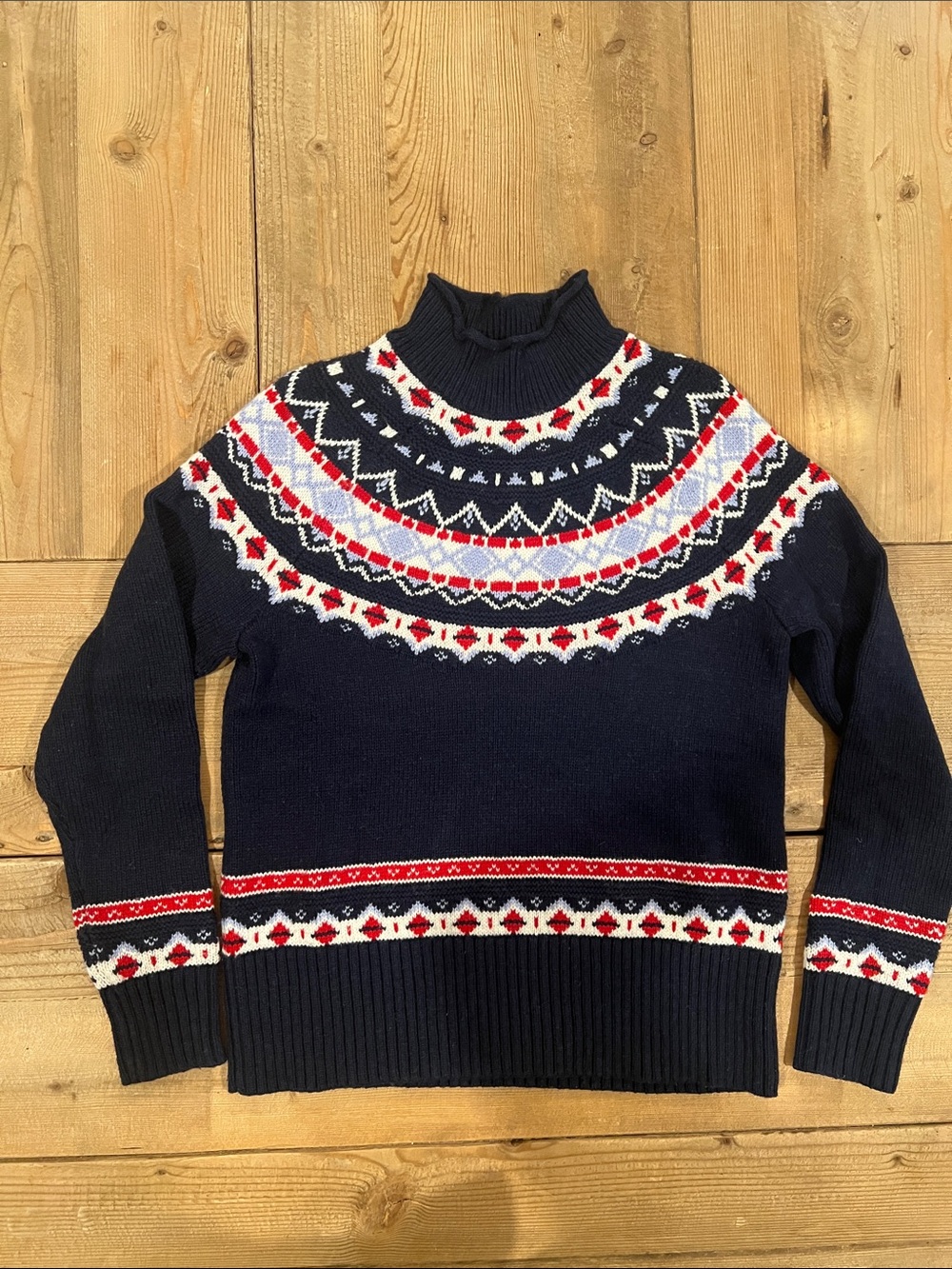 J. Crew Navy Fair Isle Turtleneck Sweater with Red and White Accents XS